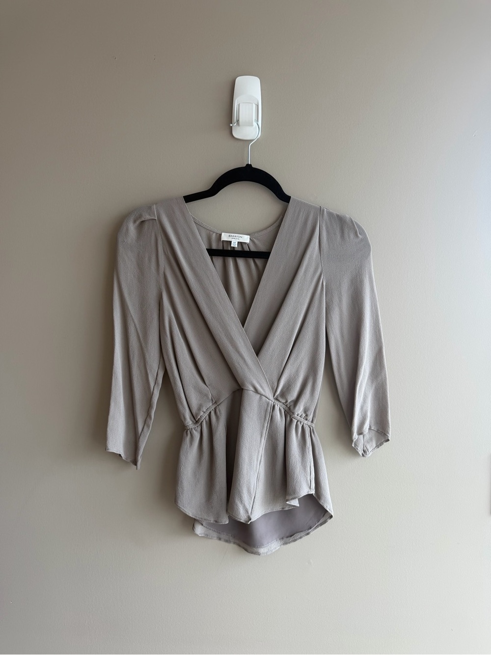 Babaton Taupe Wrap 100% Silk Peplum Blouse